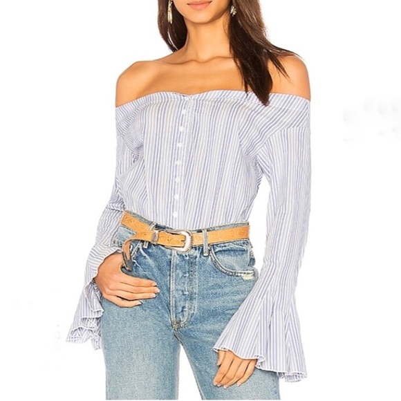 Free People Crop Top Shirt Blue Striped Bell Sleeve Off The Shoulder Sz Medium - Picture 1 of 15